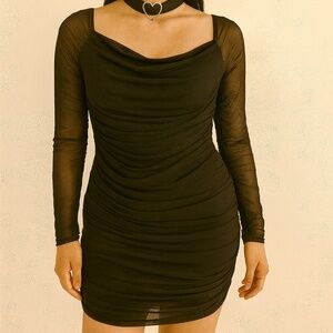 (S) Black Ruched Mesh Long Sleeve Mini Dress (Forever 21)